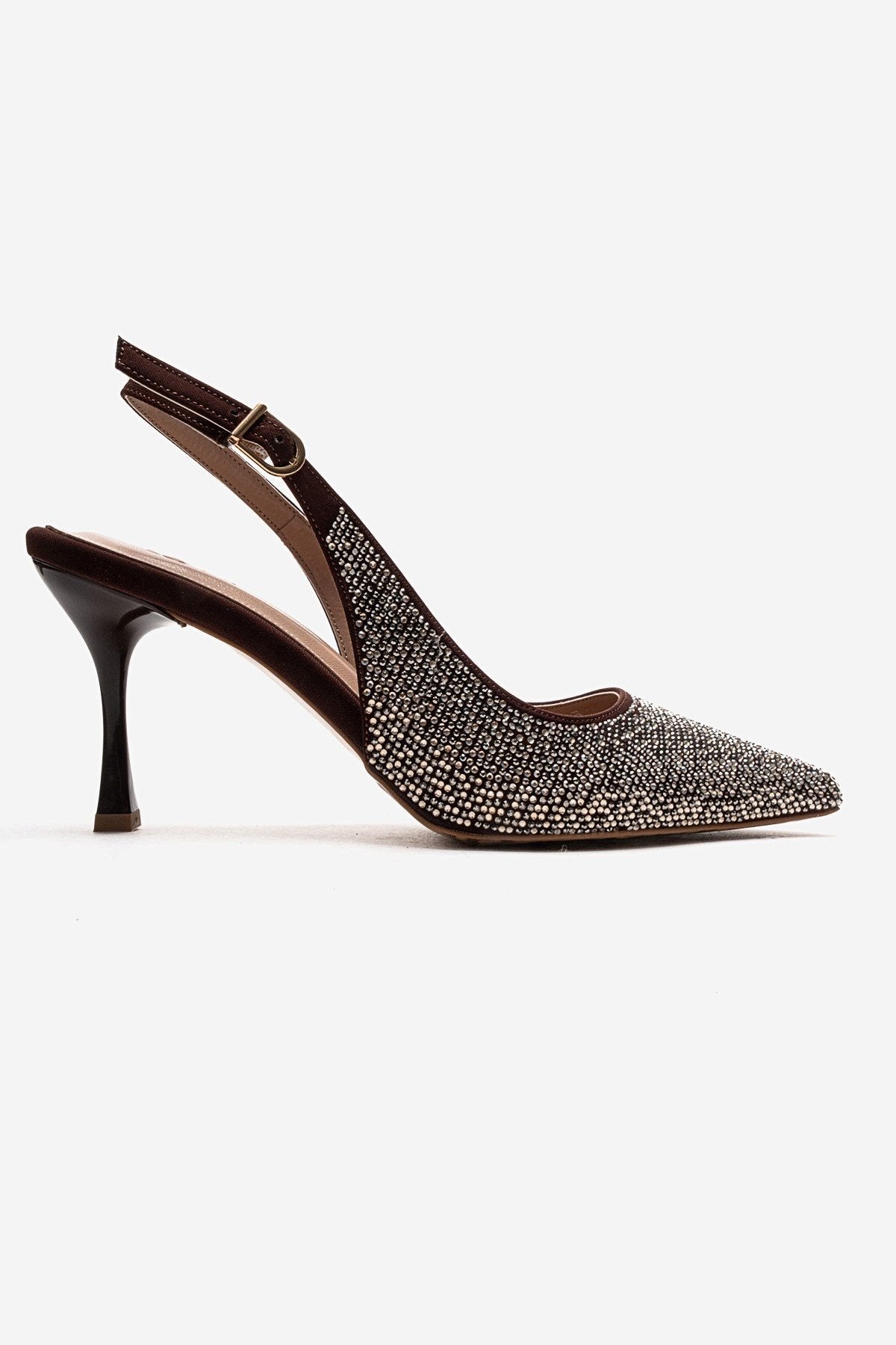 JOHANNA - Brown Gold-Embellished Slingback Stiletto Pump – heel view showing leather, gold, SimmiUnique