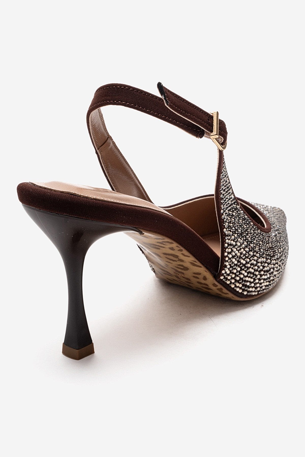 JOHANNA - Brown Gold-Embellished Slingback Stiletto Pump – back view showing leather, gold, SimmiUnique