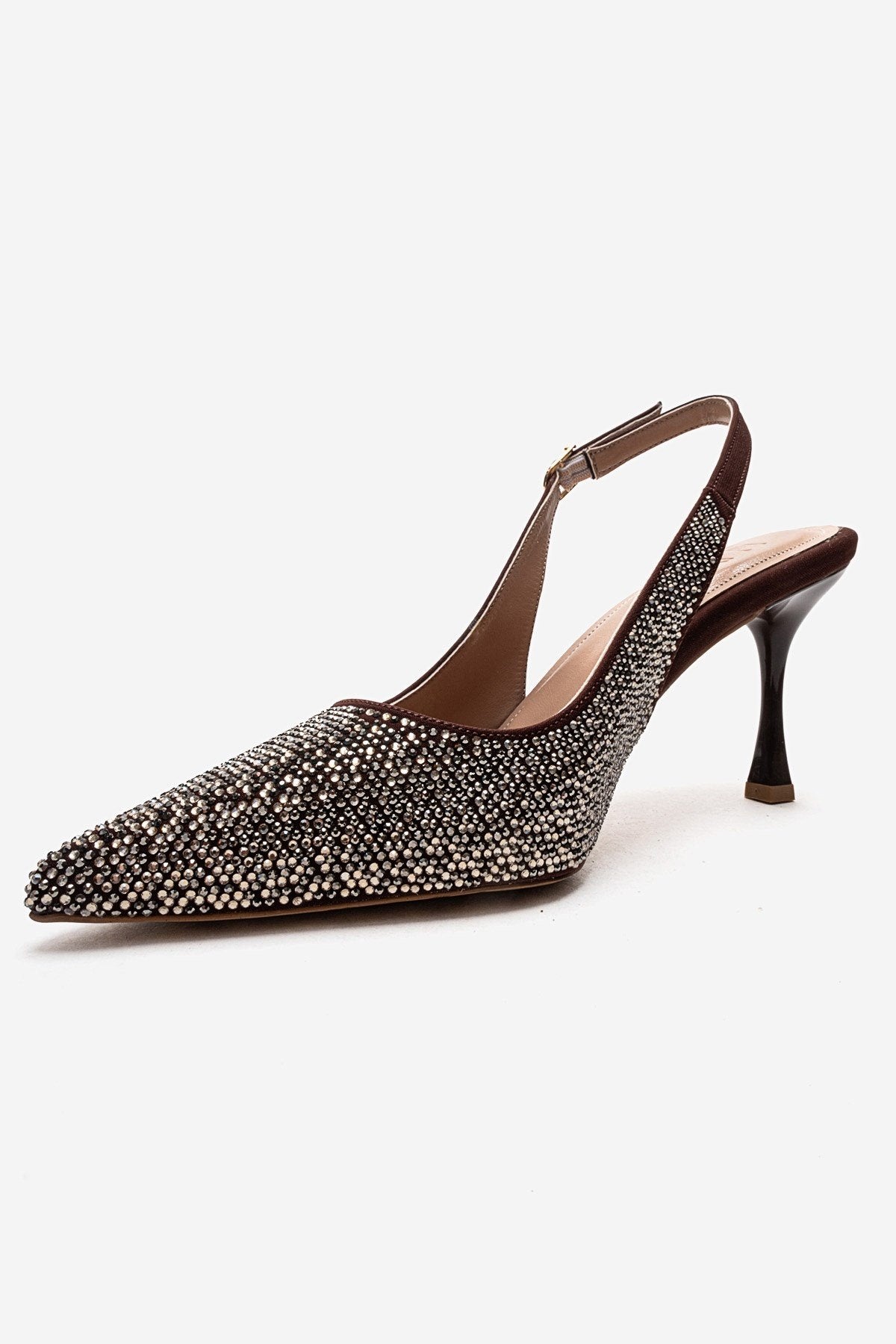 JOHANNA - Brown Gold-Embellished Slingback Stiletto Pump – top view showing leather, gold, SimmiUnique