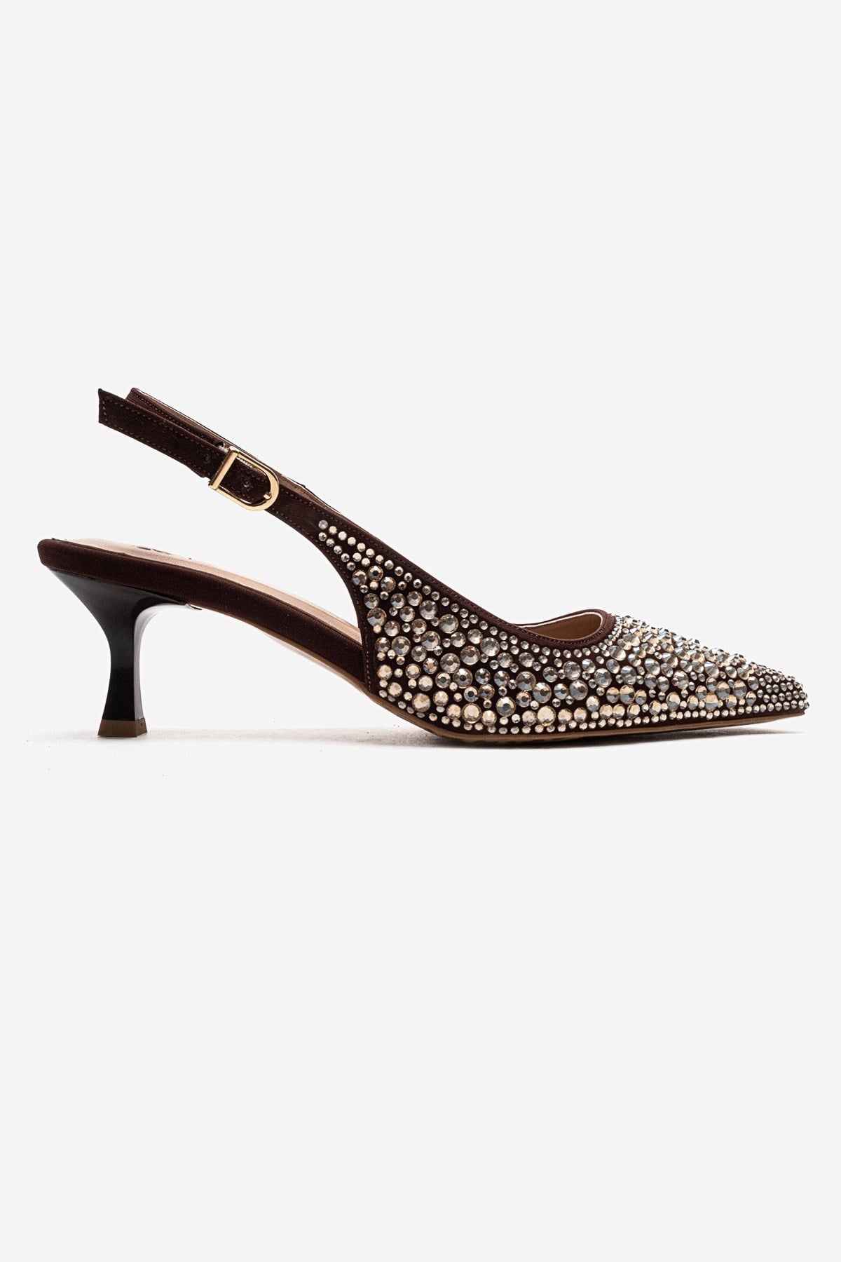 THEA - Brown Gold-Embellished Stiletto Pump – heel view showing leather, gold, SimmiUnique