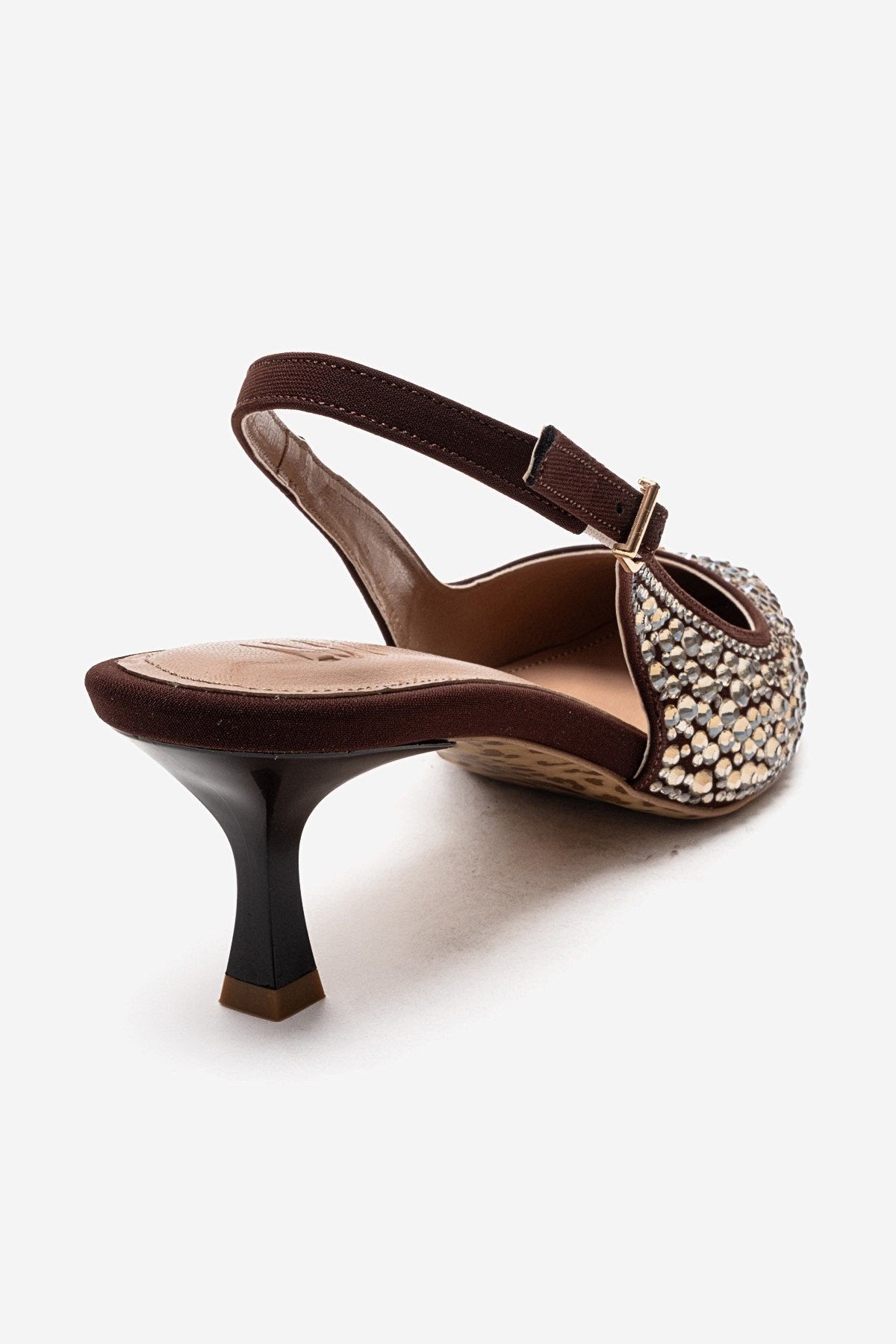 THEA - Brown Gold-Embellished Stiletto Pump – back view showing leather, gold, SimmiUnique