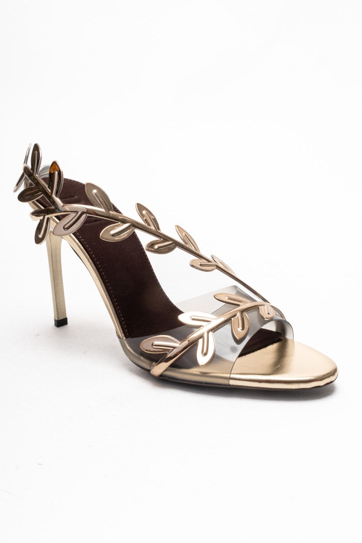 CARVELLI - Gold Stiletto Pump – detail view showing leather, gold, SimmiUnique