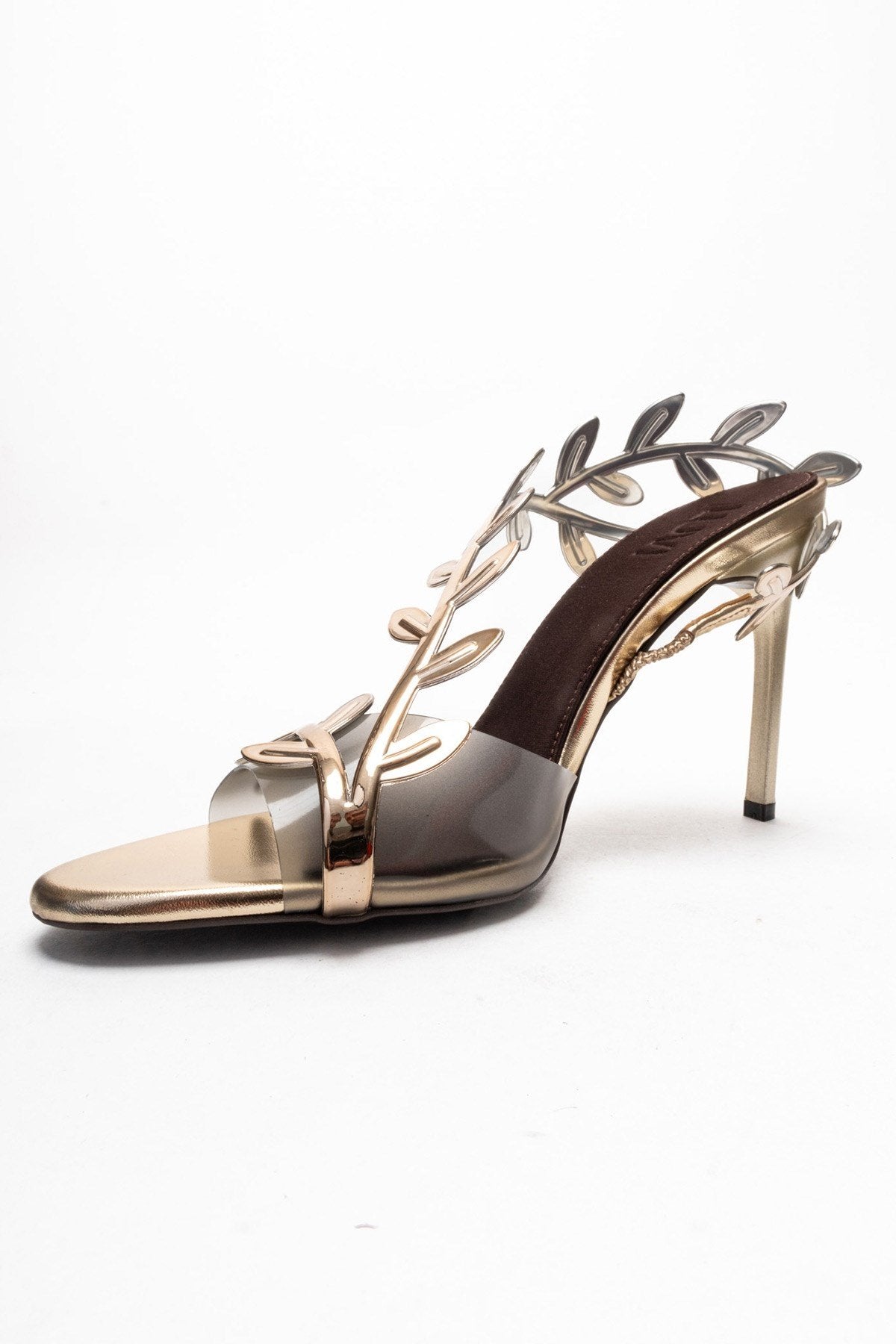 CARVELLI - Gold Stiletto Pump – top view showing leather, gold, SimmiUnique