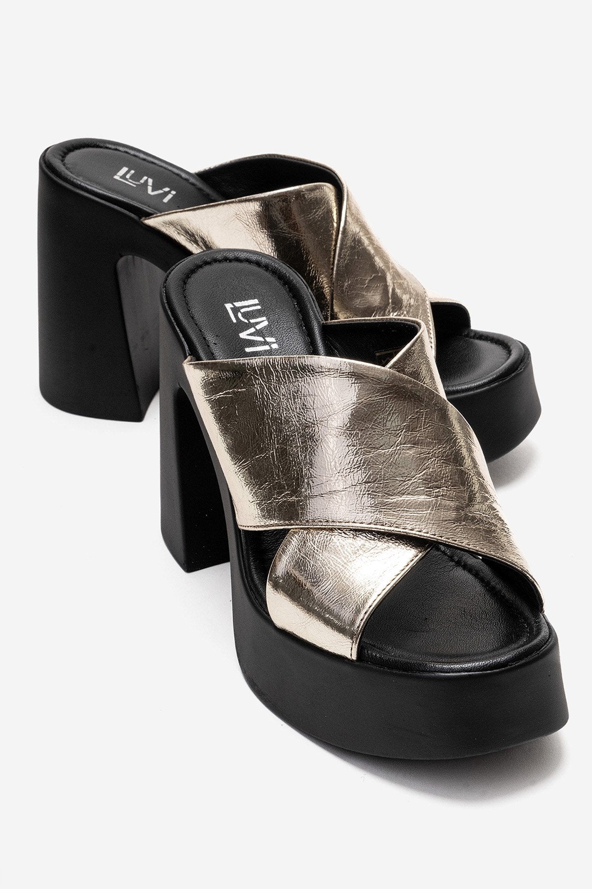 Essenza - Gold Genuine Leather Platform Block Heel Mule – front three-quarter view showing leather, metallic, gold…