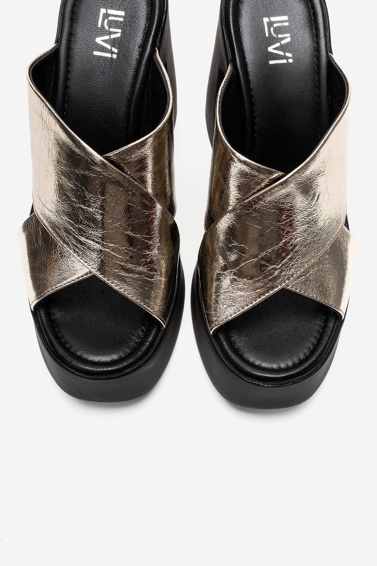 Essenza - Gold Genuine Leather Platform Block Heel Mule – side view showing leather, metallic, gold, SimmiUnique