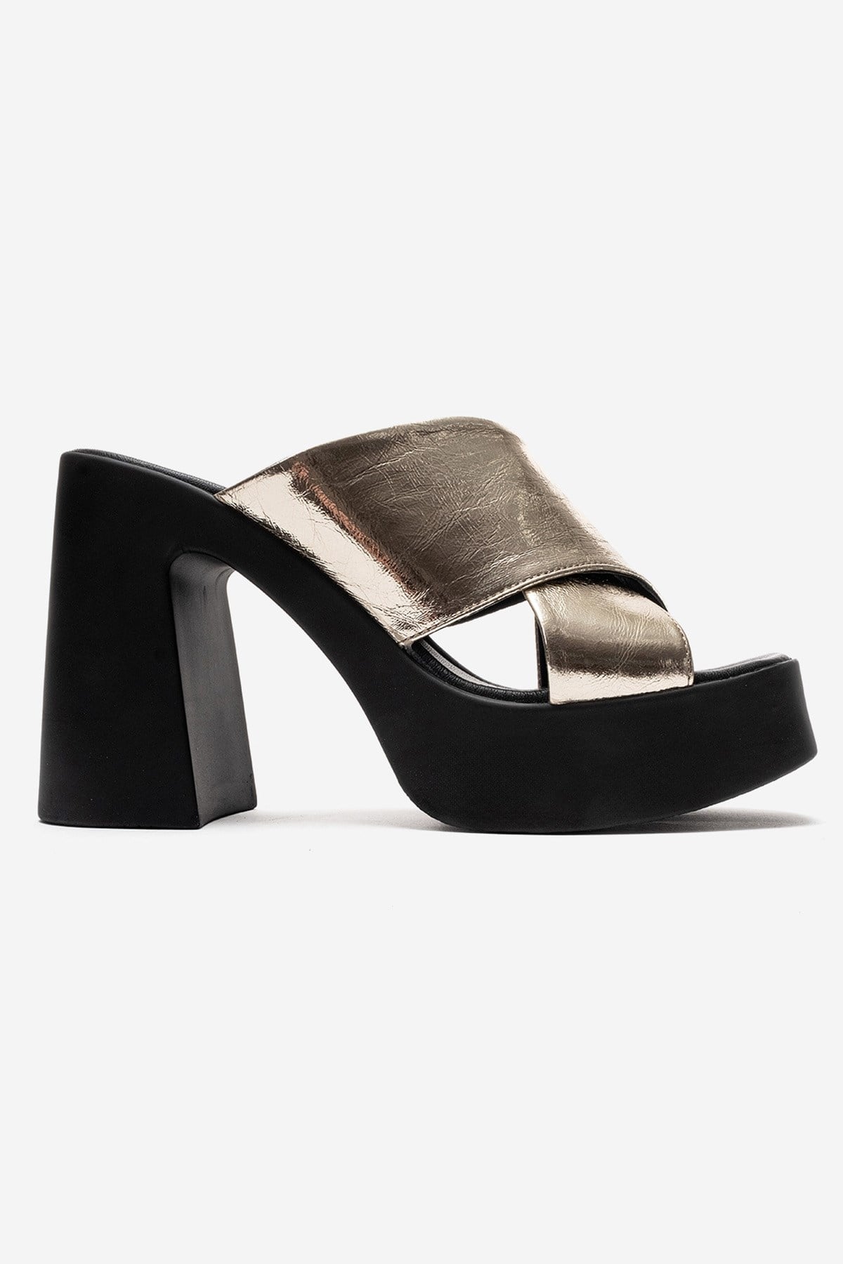 Essenza - Gold Genuine Leather Platform Block Heel Mule – heel view showing leather, metallic, gold, SimmiUnique