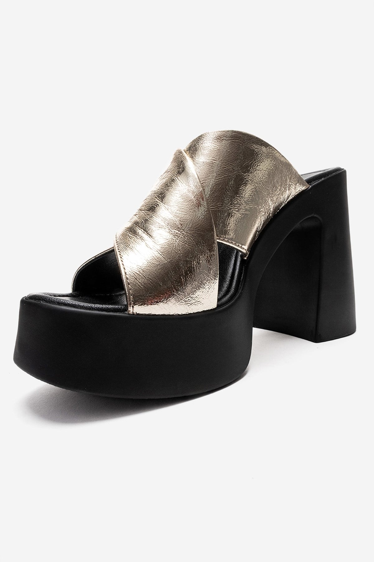 Essenza - Gold Genuine Leather Platform Block Heel Mule – top view showing leather, metallic, gold, SimmiUnique