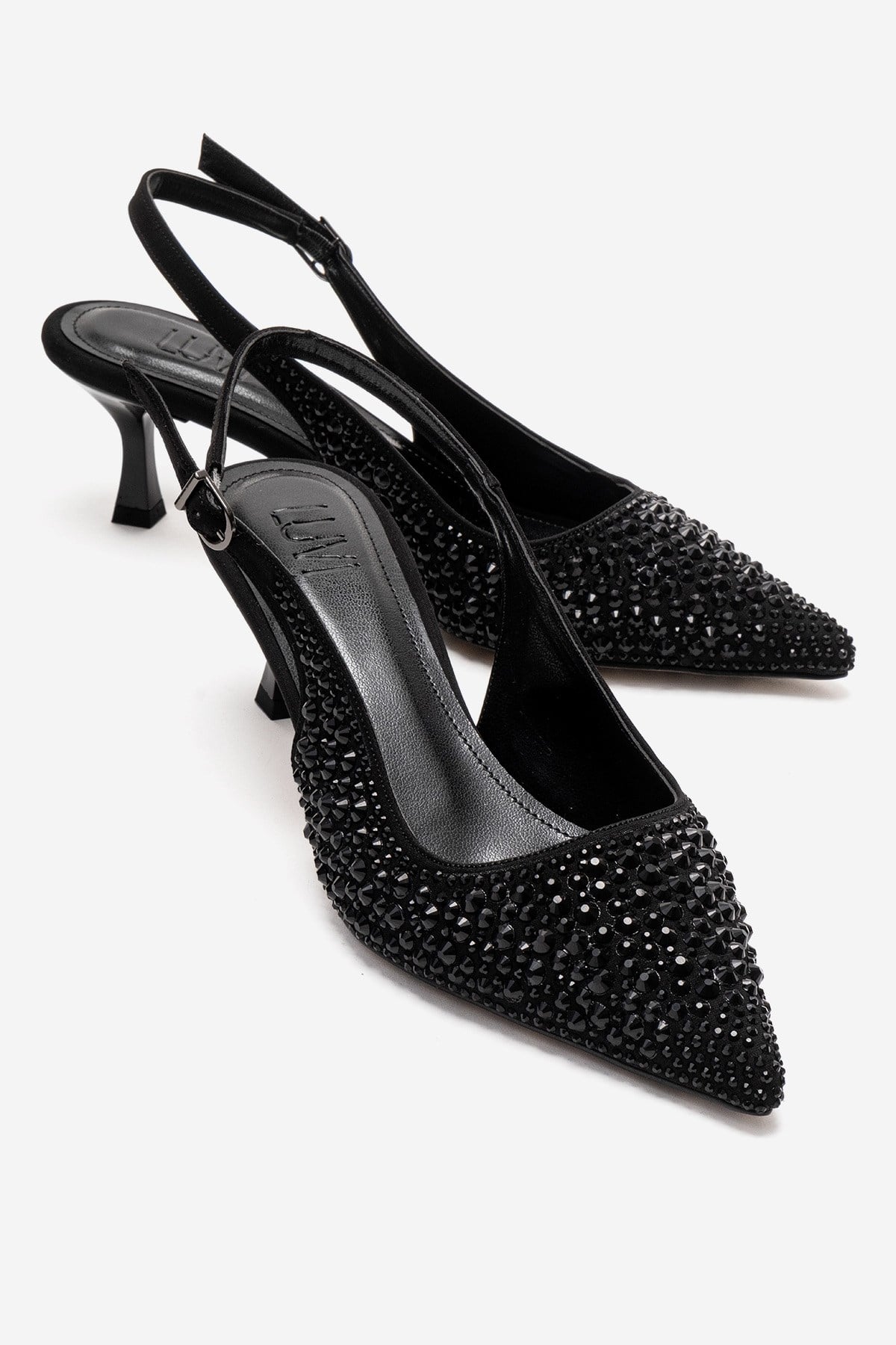 THEA - Black Jeweled Kitten Heel Pump – front three-quarter view showing leather, black, SimmiUnique