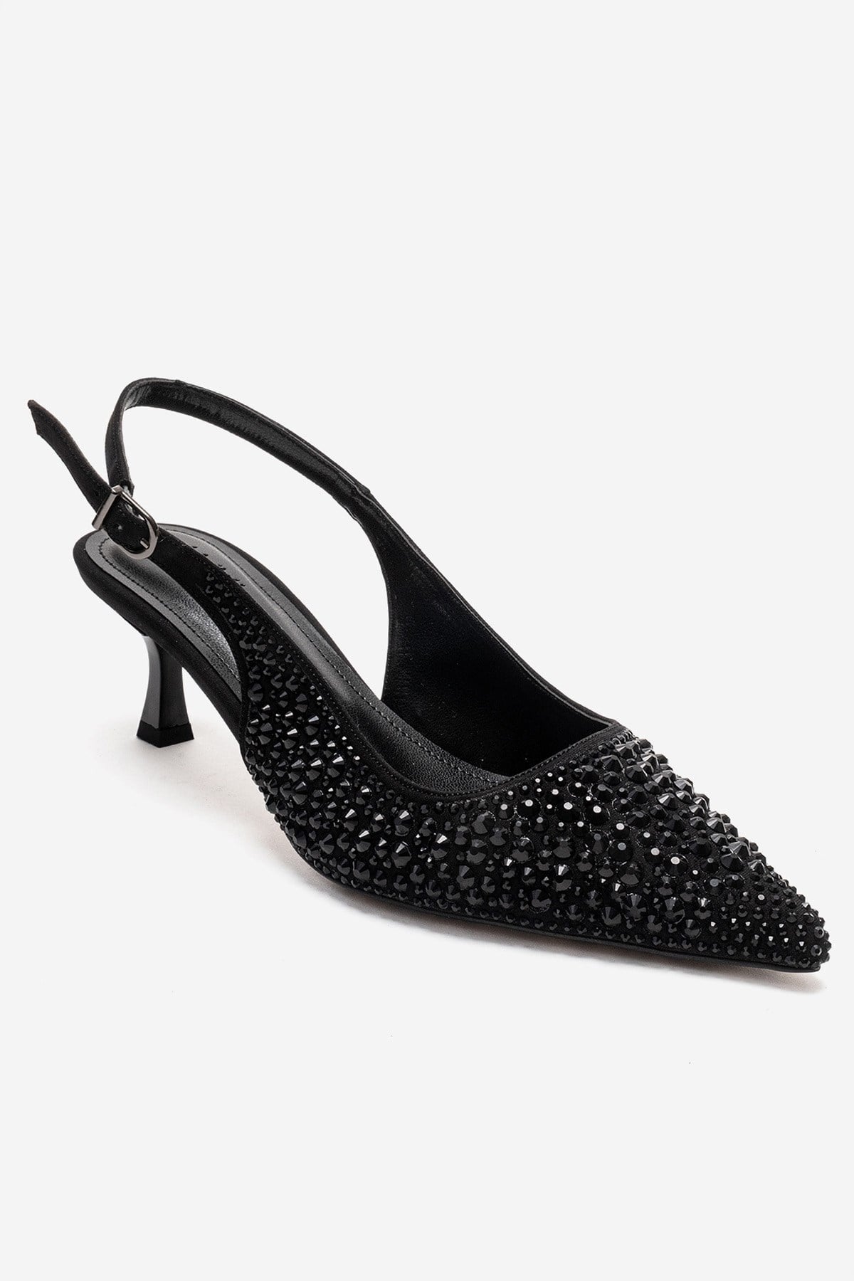 THEA - Black Jeweled Kitten Heel Pump – detail view showing leather, black, SimmiUnique