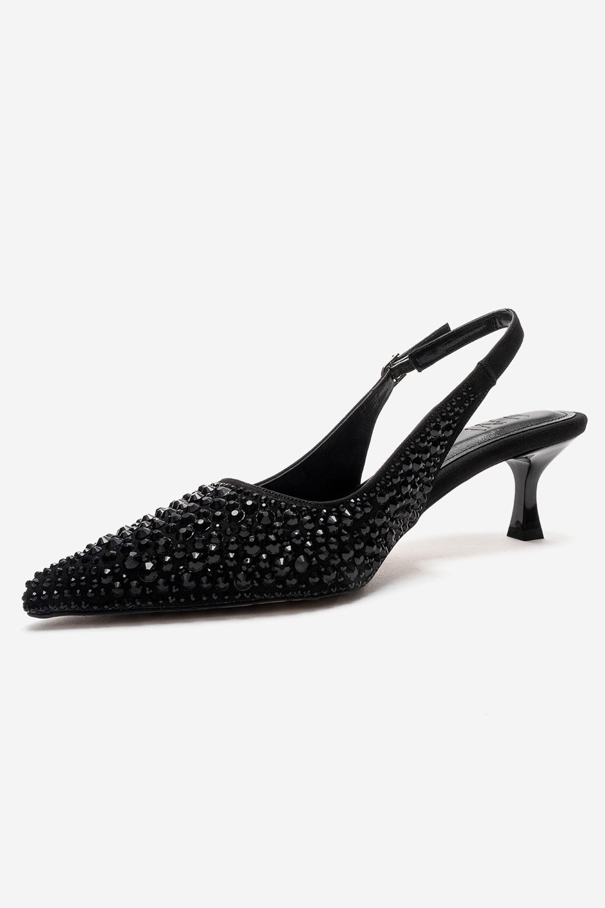 THEA - Black Jeweled Kitten Heel Pump – top view showing leather, black, SimmiUnique