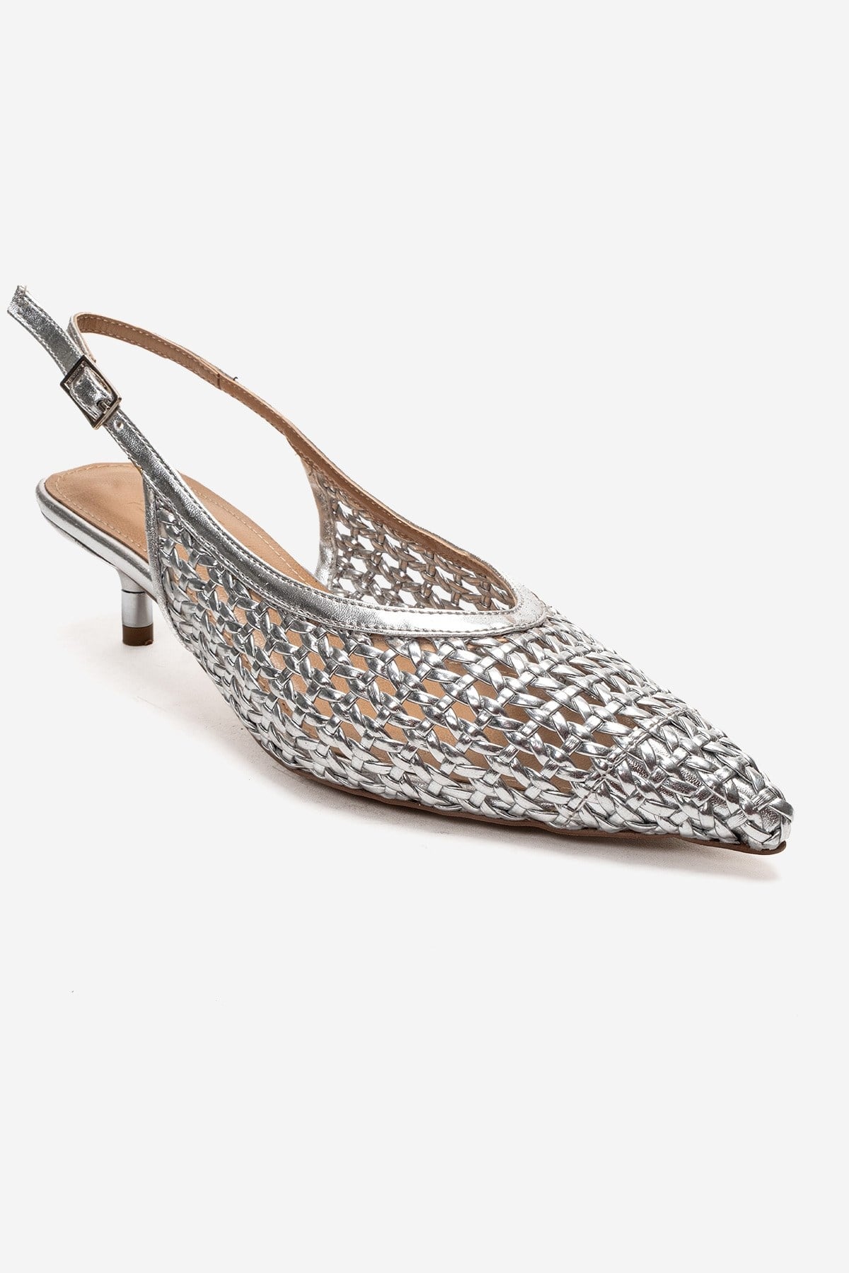Orelis - Genuine Leather Silver Kitten Heel – detail view showing leather, silver, SimmiUnique