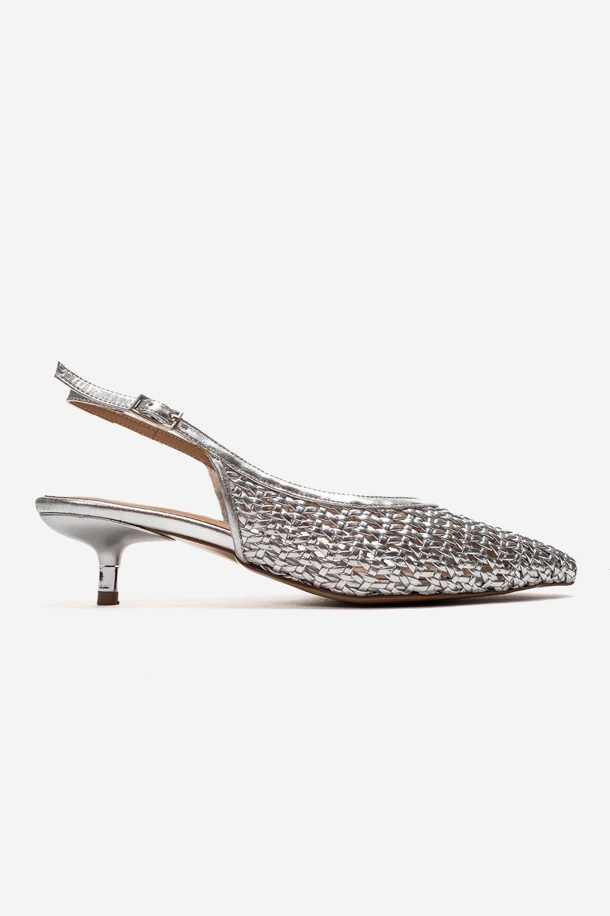Orelis - Genuine Leather Silver Kitten Heel – heel view showing leather, silver, SimmiUnique