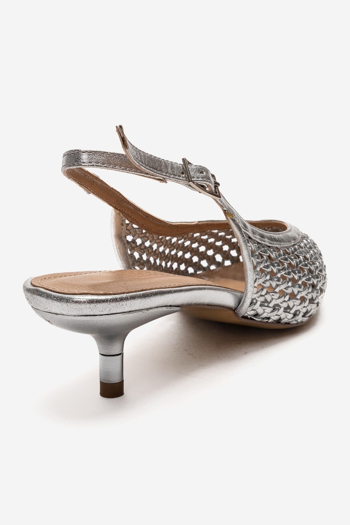 Orelis - Genuine Leather Silver Kitten Heel – back view showing leather, silver, SimmiUnique