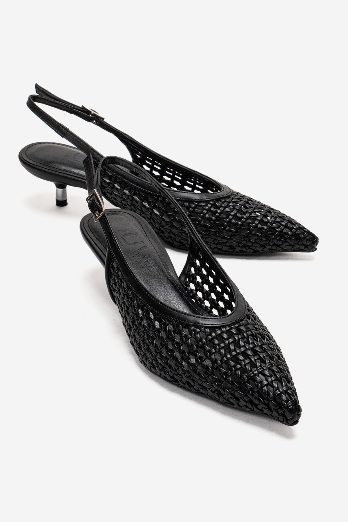 ORELIS - Black Woven Pattern Kitten Heel Shoe – front three-quarter view showing leather, black, red, SimmiUnique
