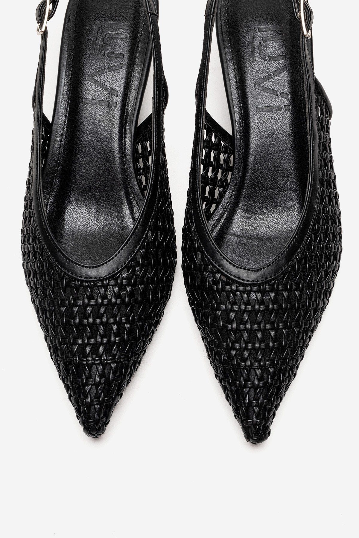 ORELIS - Black Woven Pattern Kitten Heel Shoe – side view showing leather, black, red, SimmiUnique