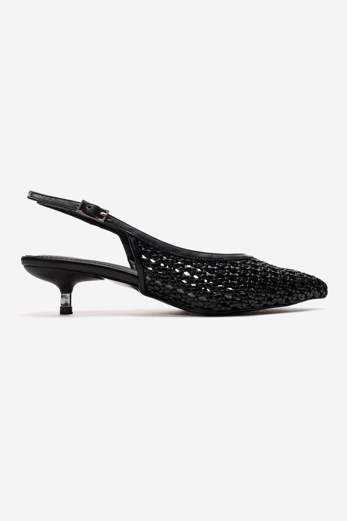 ORELIS - Black Woven Pattern Kitten Heel Shoe – heel view showing leather, black, red, SimmiUnique
