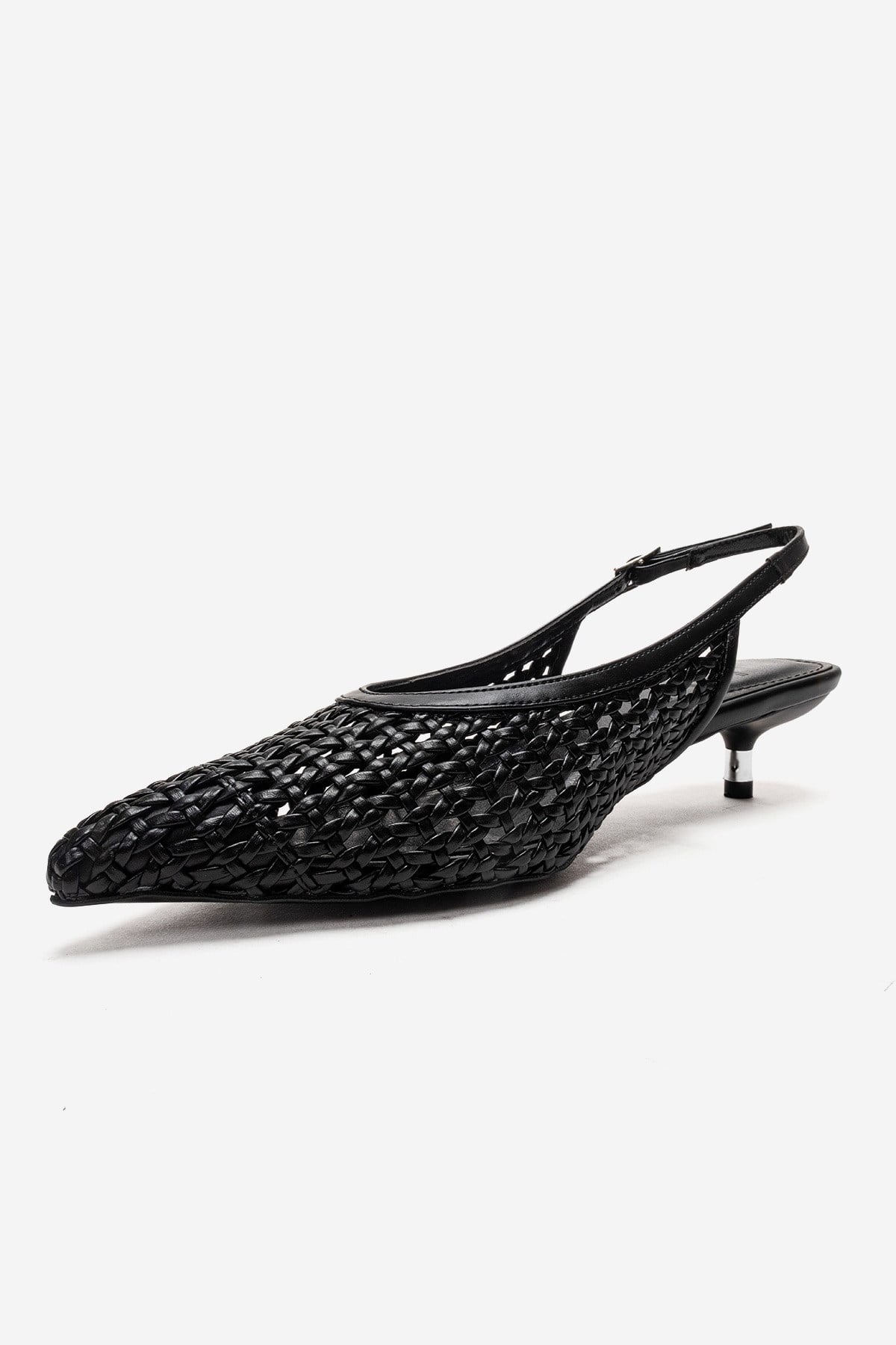 ORELIS - Black Woven Pattern Kitten Heel Shoe – top view showing leather, black, red, SimmiUnique