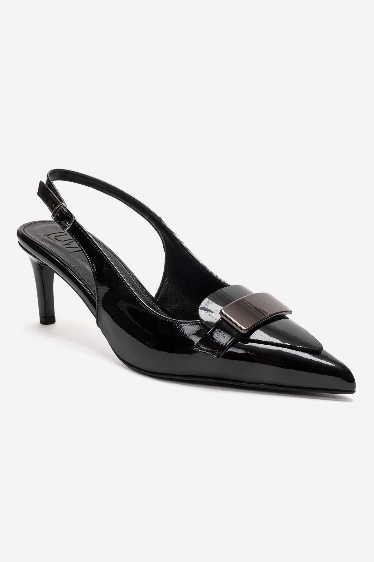 SOLLENNE - Black Stiletto Pump – detail view showing leather, black, SimmiUnique