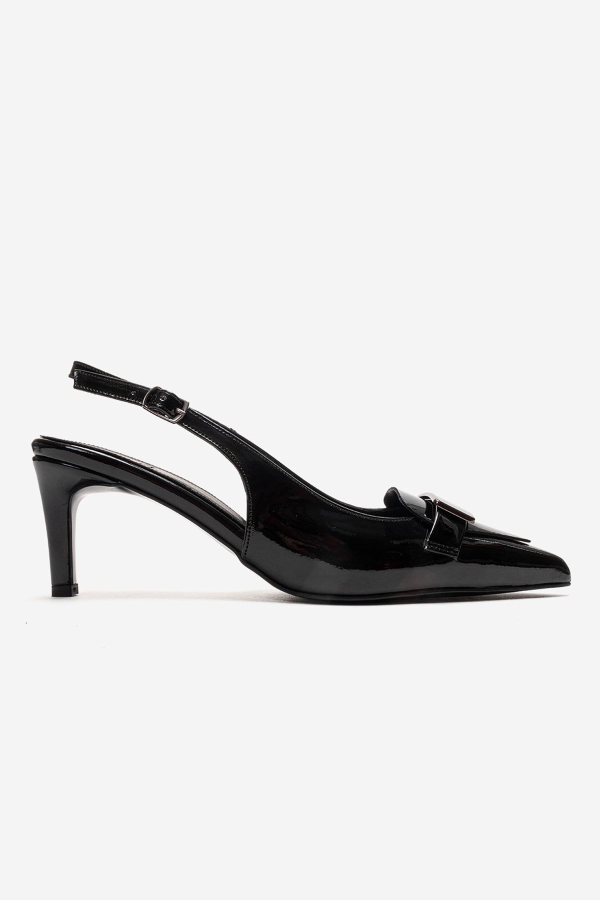 SOLLENNE - Black Stiletto Pump – heel view showing leather, black, SimmiUnique