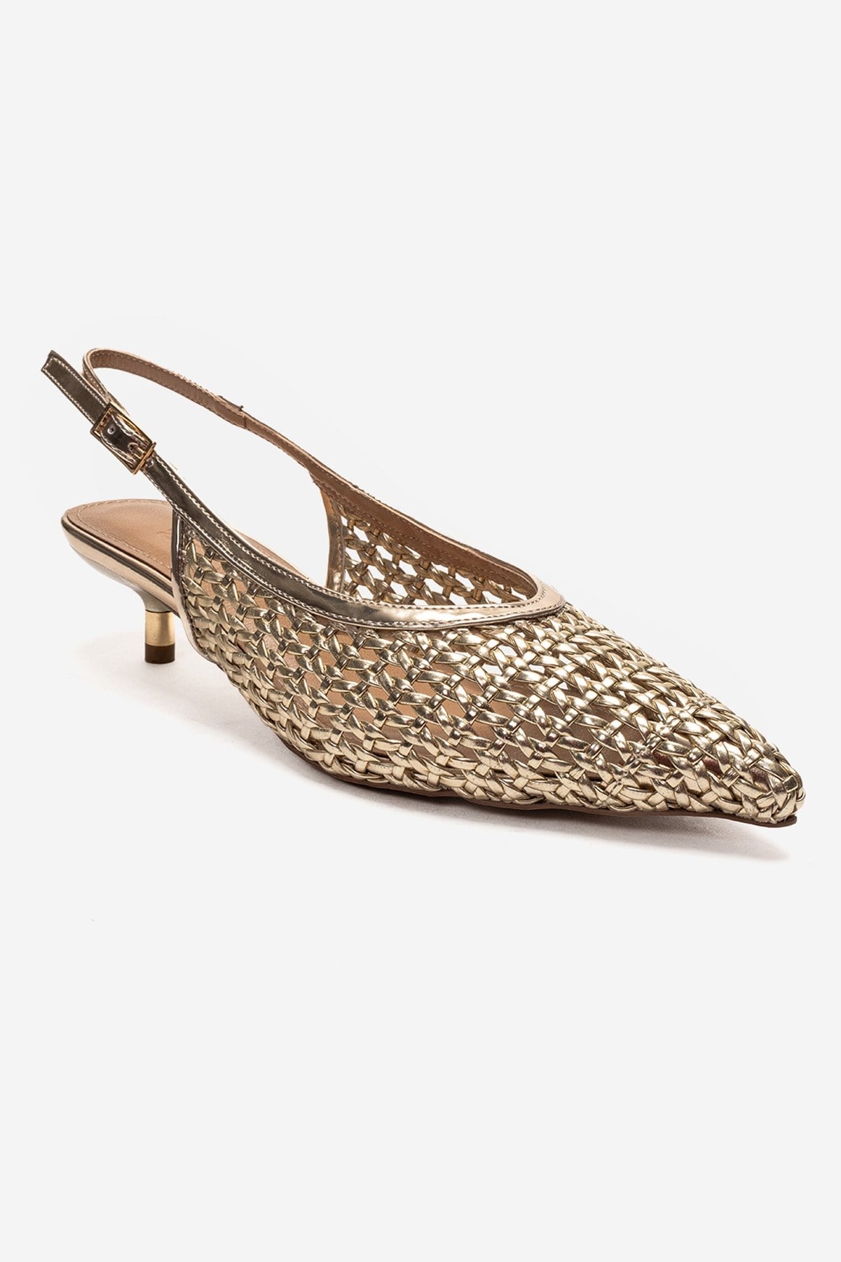 Orelis - Gold Kitten Heel Shoe – detail view showing leather, gold, SimmiUnique