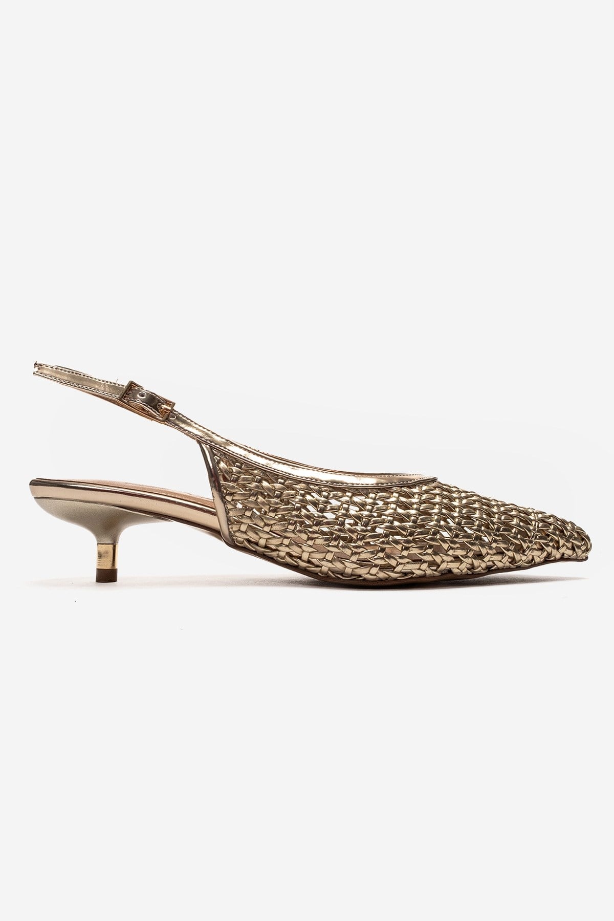 Orelis - Gold Kitten Heel Shoe – heel view showing leather, gold, SimmiUnique