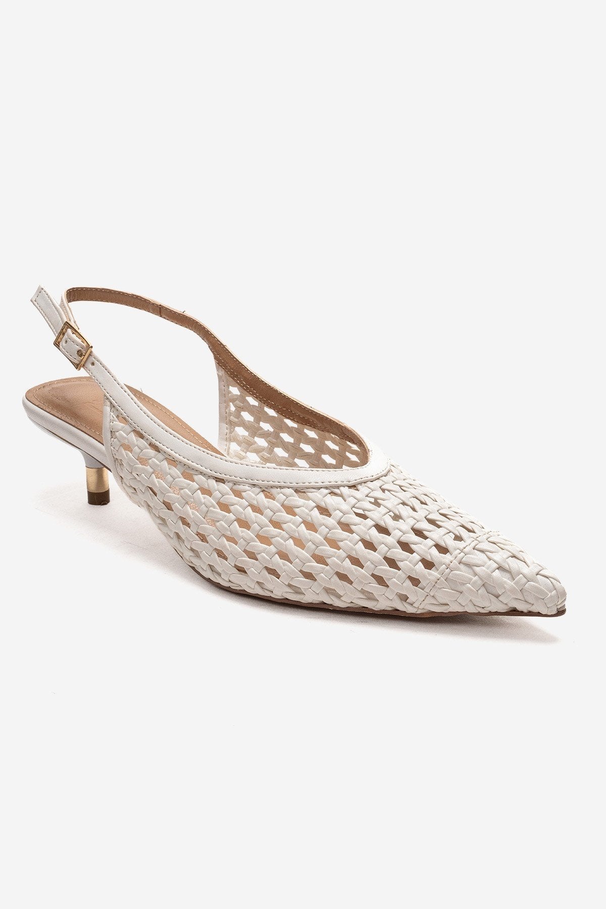 Orelis - White Kitten Heel – detail view showing leather, white, red, SimmiUnique