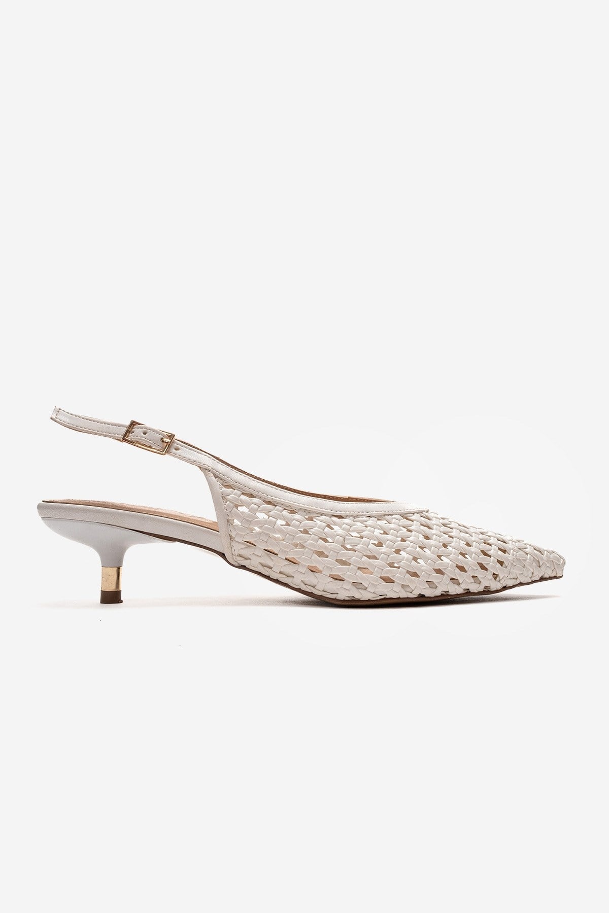 Orelis - White Kitten Heel – heel view showing leather, white, red, SimmiUnique