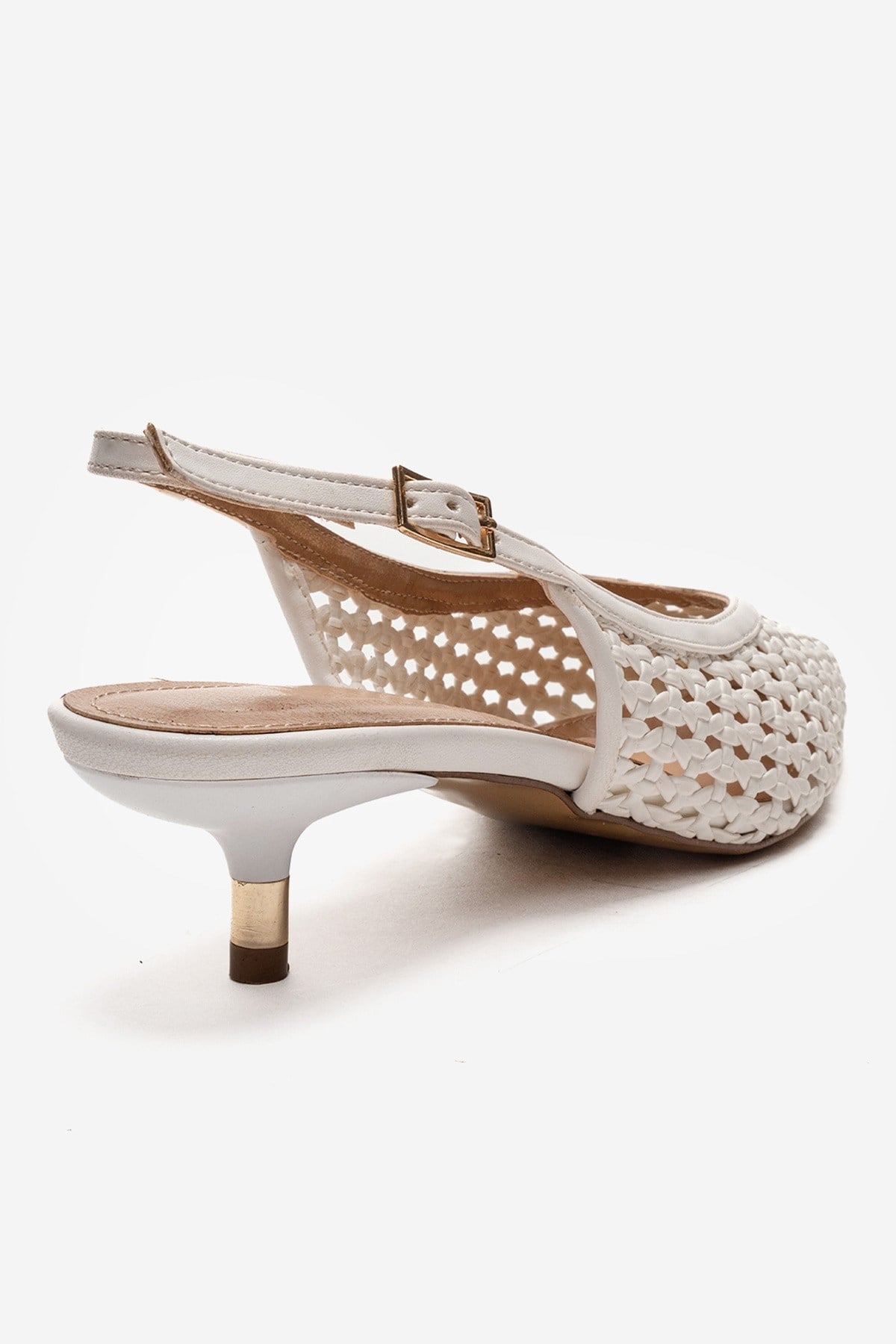 Orelis - White Kitten Heel – back view showing leather, white, red, SimmiUnique