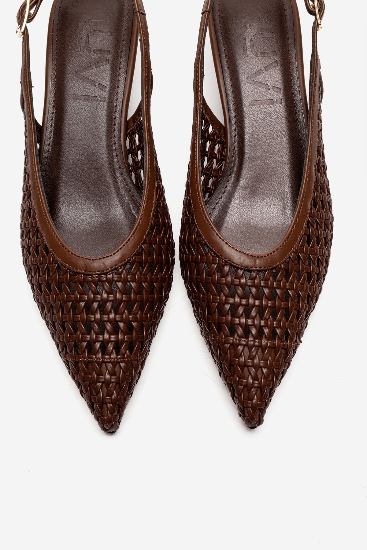 Orelis - Brown Kitten Heel – side view showing leather, red, SimmiUnique