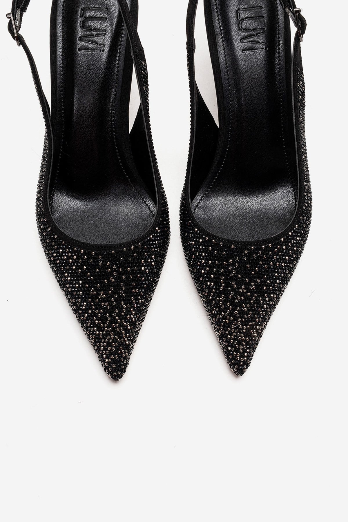 Johanna - Black Stiletto Pump – side view showing crystal, leather, black, SimmiUnique