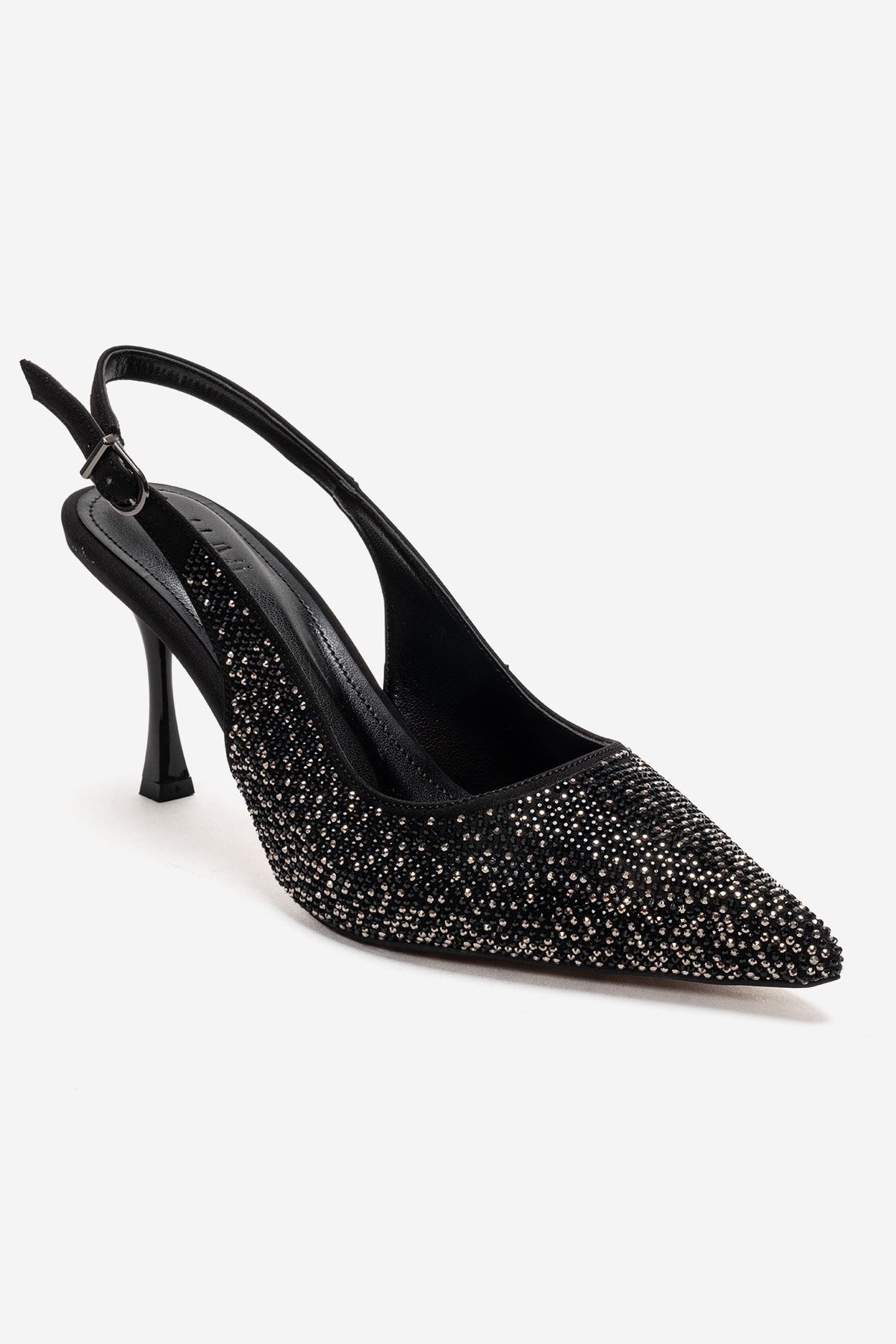 Johanna - Black Stiletto Pump – detail view showing crystal, leather, black, SimmiUnique