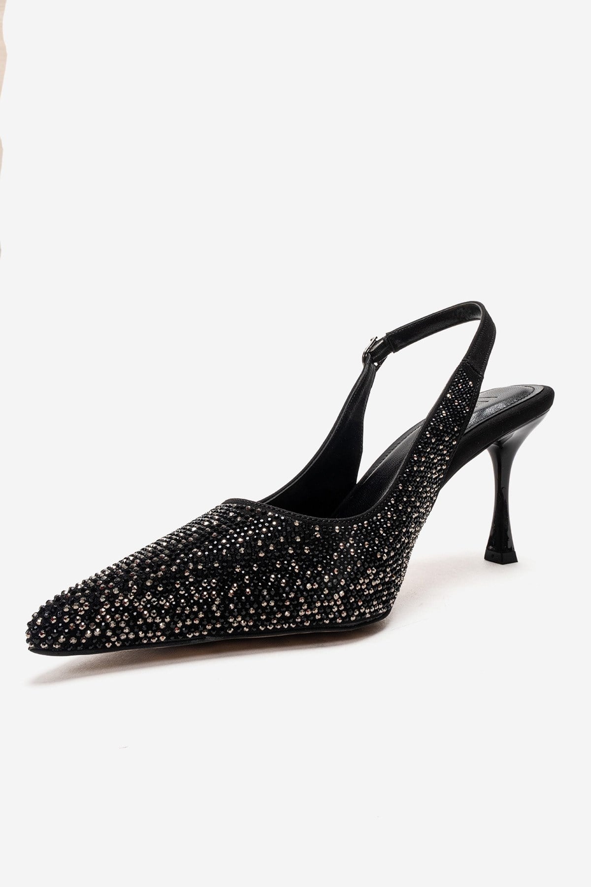 Johanna - Black Stiletto Pump – top view showing crystal, leather, black, SimmiUnique