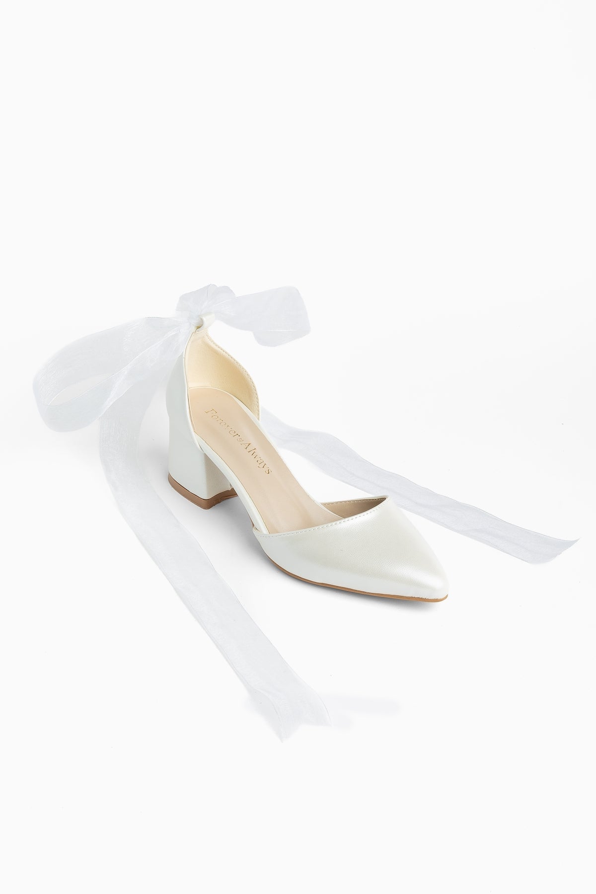 Fiona - Ivory Heels With Tulle Ribbon – front three-quarter view showing ivory, SimmiUnique