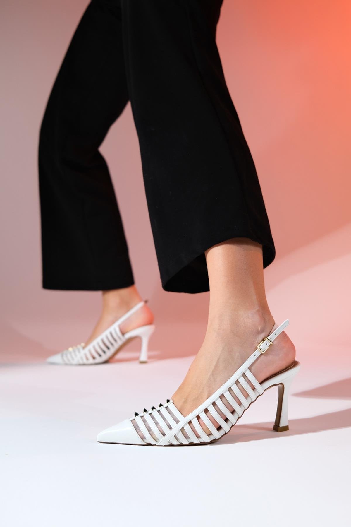 Rennes - White Pointed Toe Strappy Stiletto – detail view showing leather, white, SimmiUnique