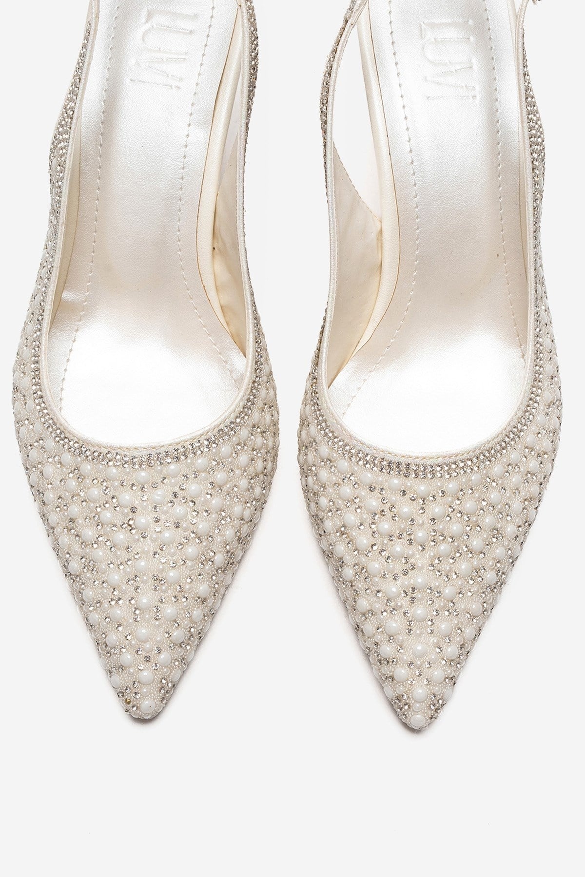 LINNEA - Off-White Stiletto Pump – side view showing pearl, crystal, leather, SimmiUnique