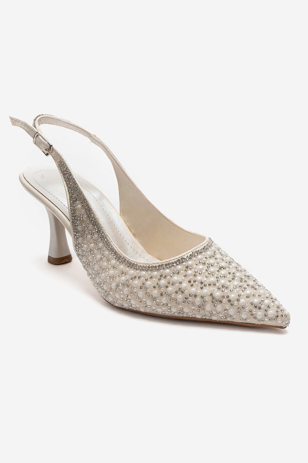 LINNEA - Off-White Stiletto Pump – detail view showing pearl, crystal, leather, SimmiUnique