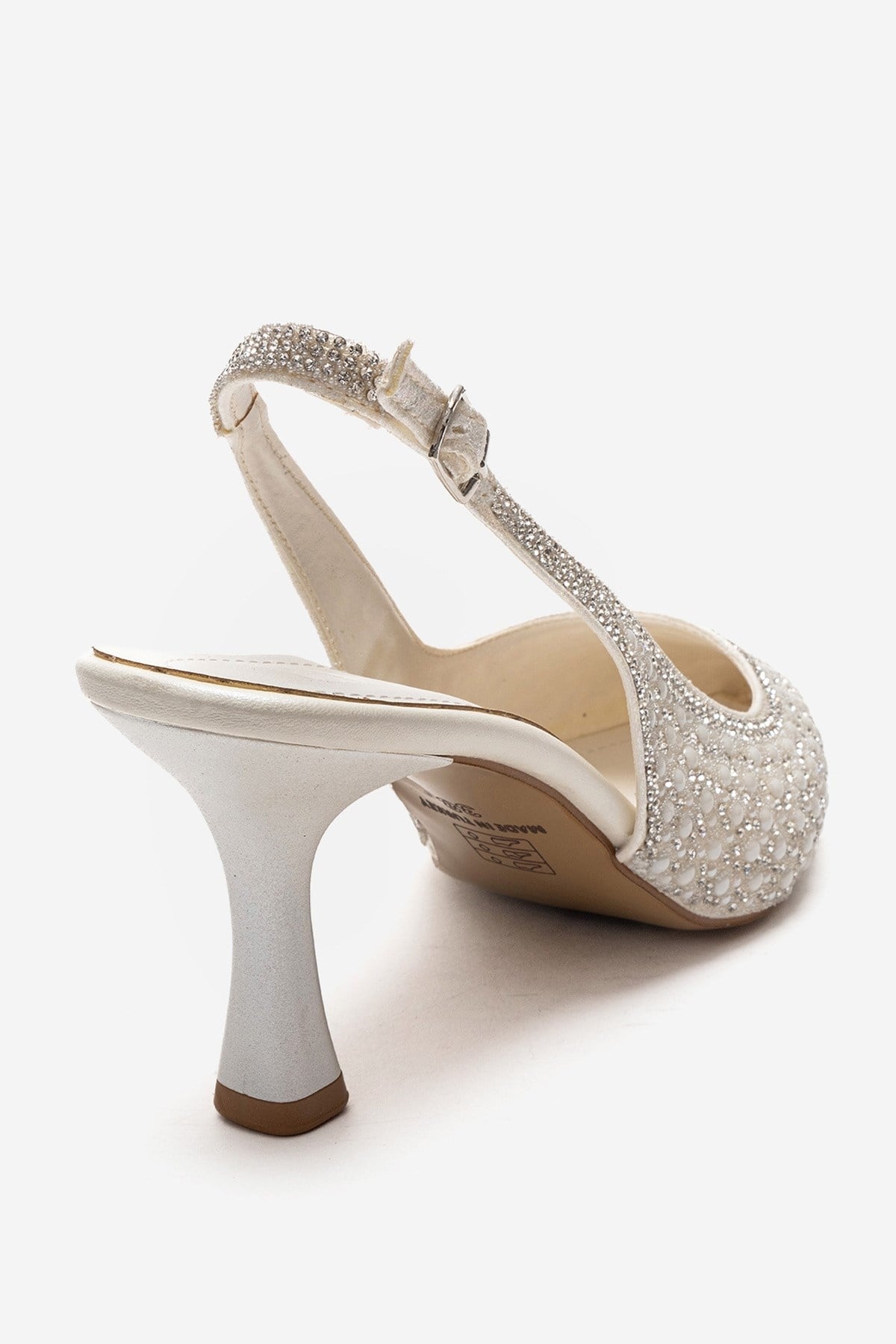 LINNEA - Off-White Stiletto Pump – back view showing pearl, crystal, leather, SimmiUnique
