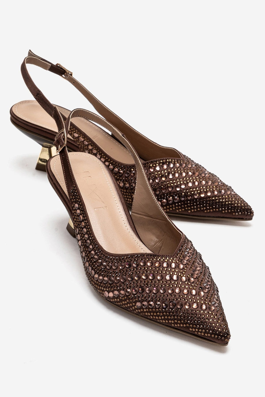 ROYALE - Brown Satin Stone-Embellished Kitten Heel Evening Shoe