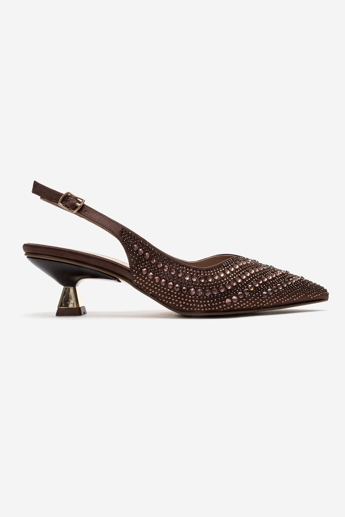 ROYALE - Brown Satin Stone-Embellished Kitten Heel Evening Shoe – heel view showing satin, leather, SimmiUnique