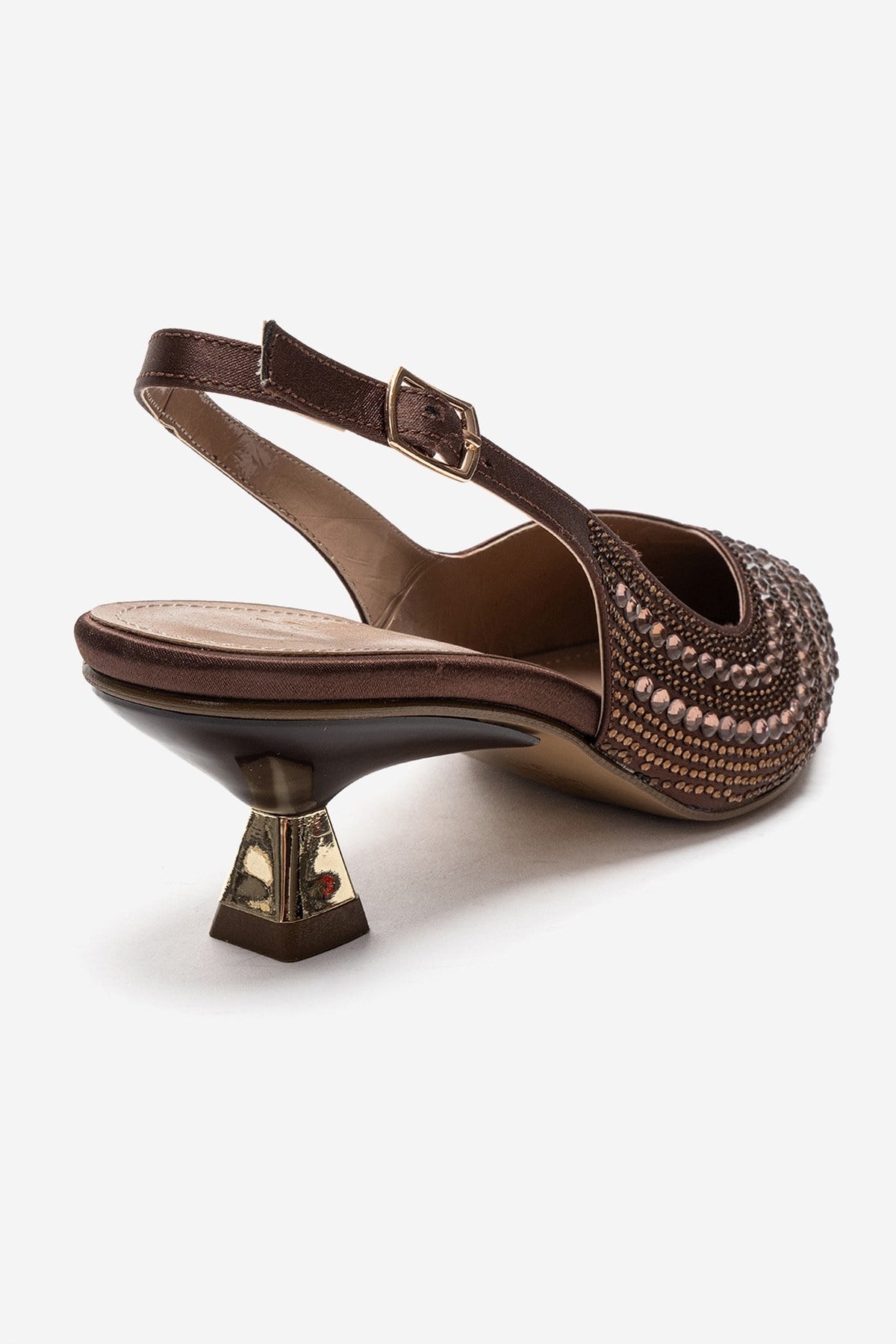 ROYALE - Brown Satin Stone-Embellished Kitten Heel Evening Shoe – back view showing satin, leather, SimmiUnique