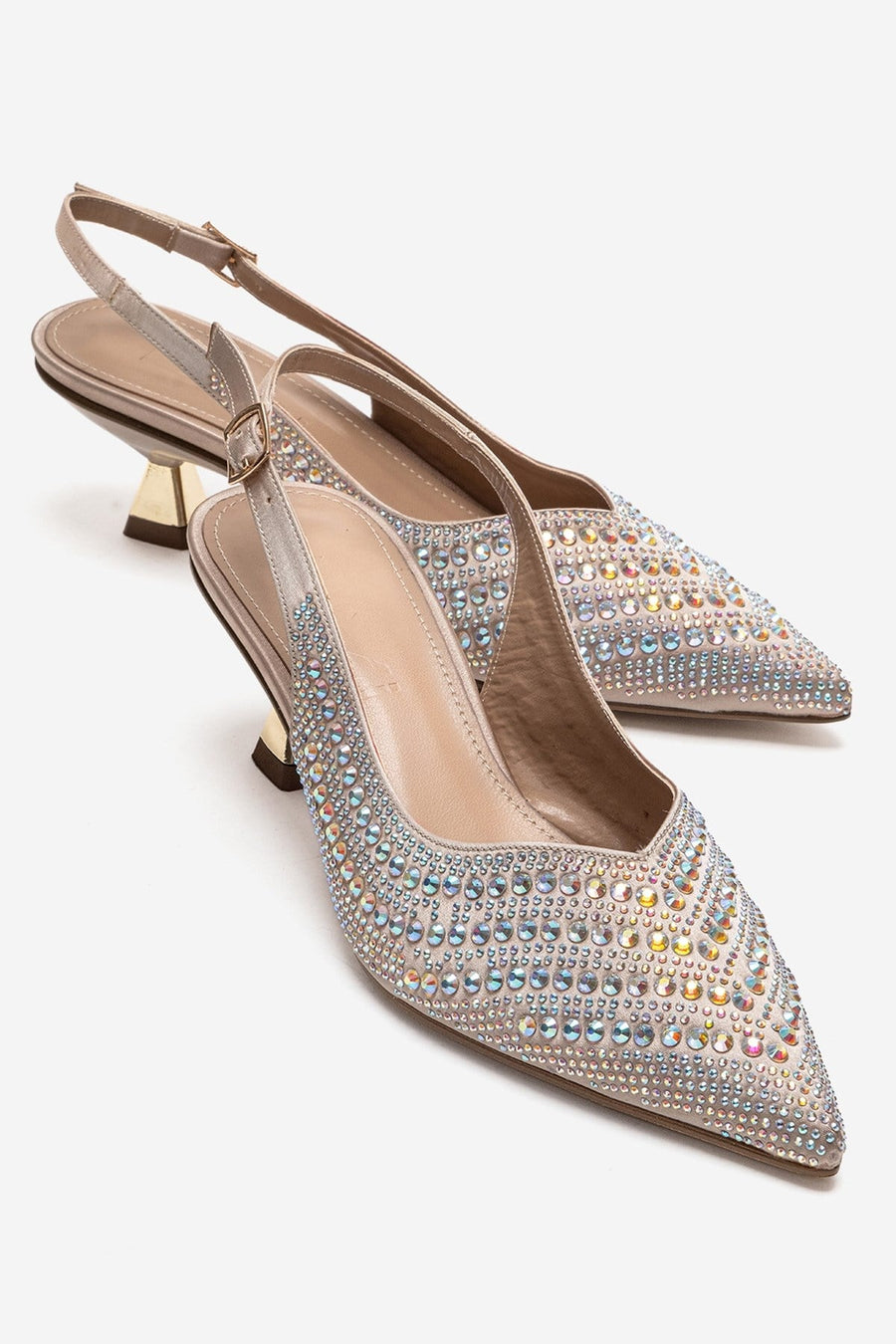 ROYALE - Beige Satin Stone-Embellished Kitten Heel Evening Shoe