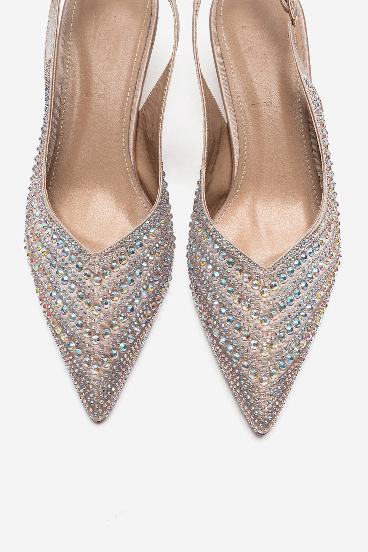 ROYALE - Beige Satin Stone-Embellished Kitten Heel Evening Shoe – side view showing satin, leather, SimmiUnique