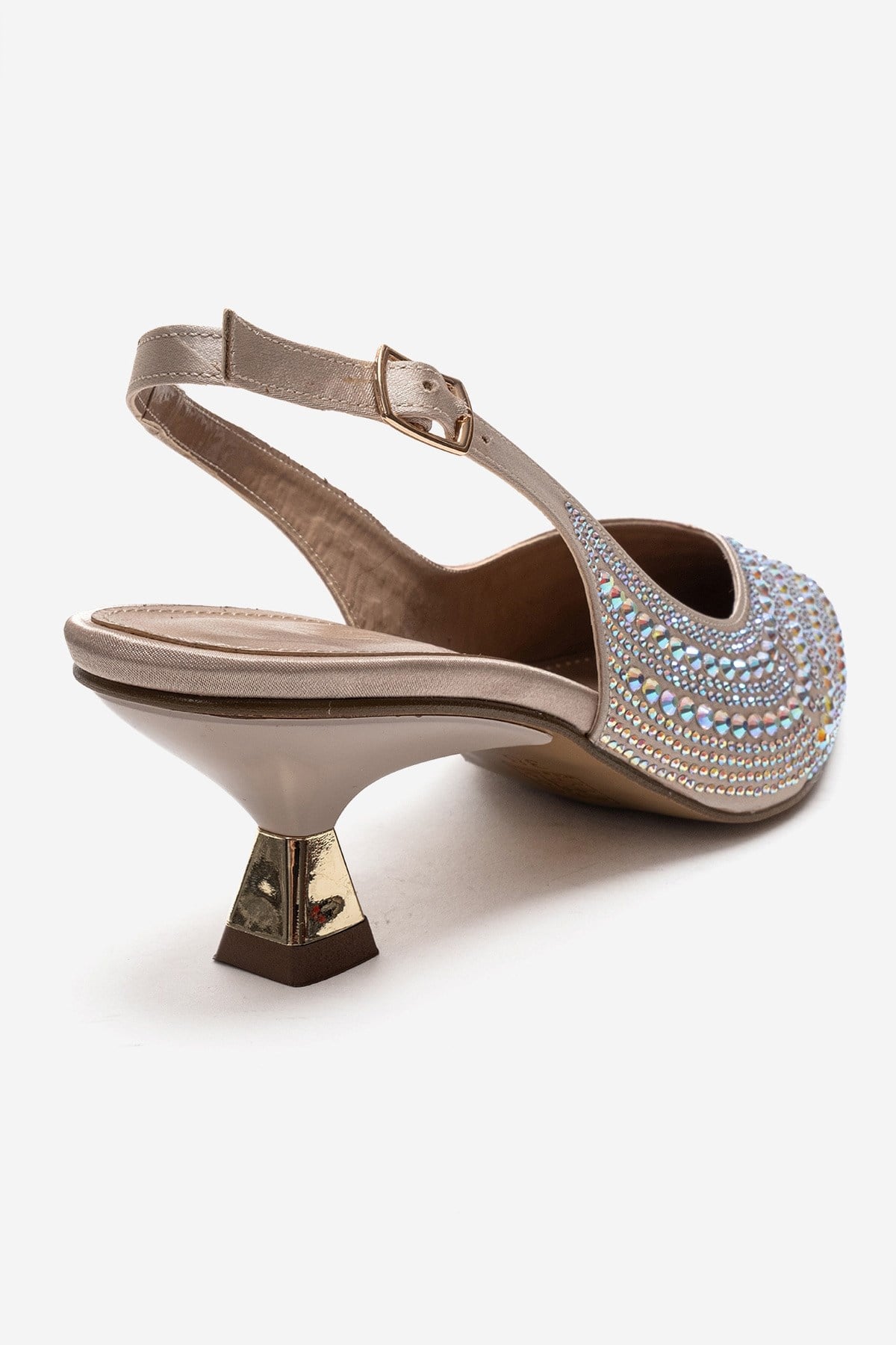ROYALE - Beige Satin Stone-Embellished Kitten Heel Evening Shoe – back view showing satin, leather, SimmiUnique