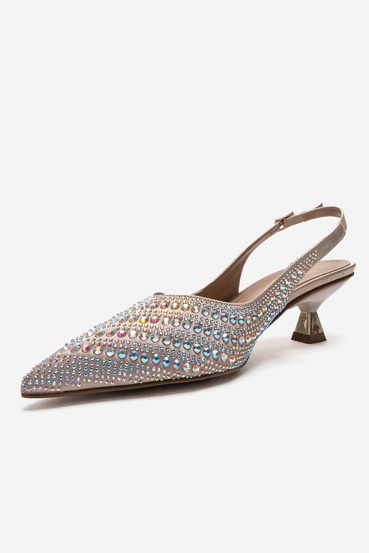 ROYALE - Beige Satin Stone-Embellished Kitten Heel Evening Shoe – top view showing satin, leather, SimmiUnique
