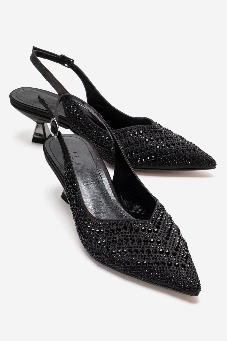 ROYALE - Black Satin Stone-Embellished Kitten Heel Evening Shoe