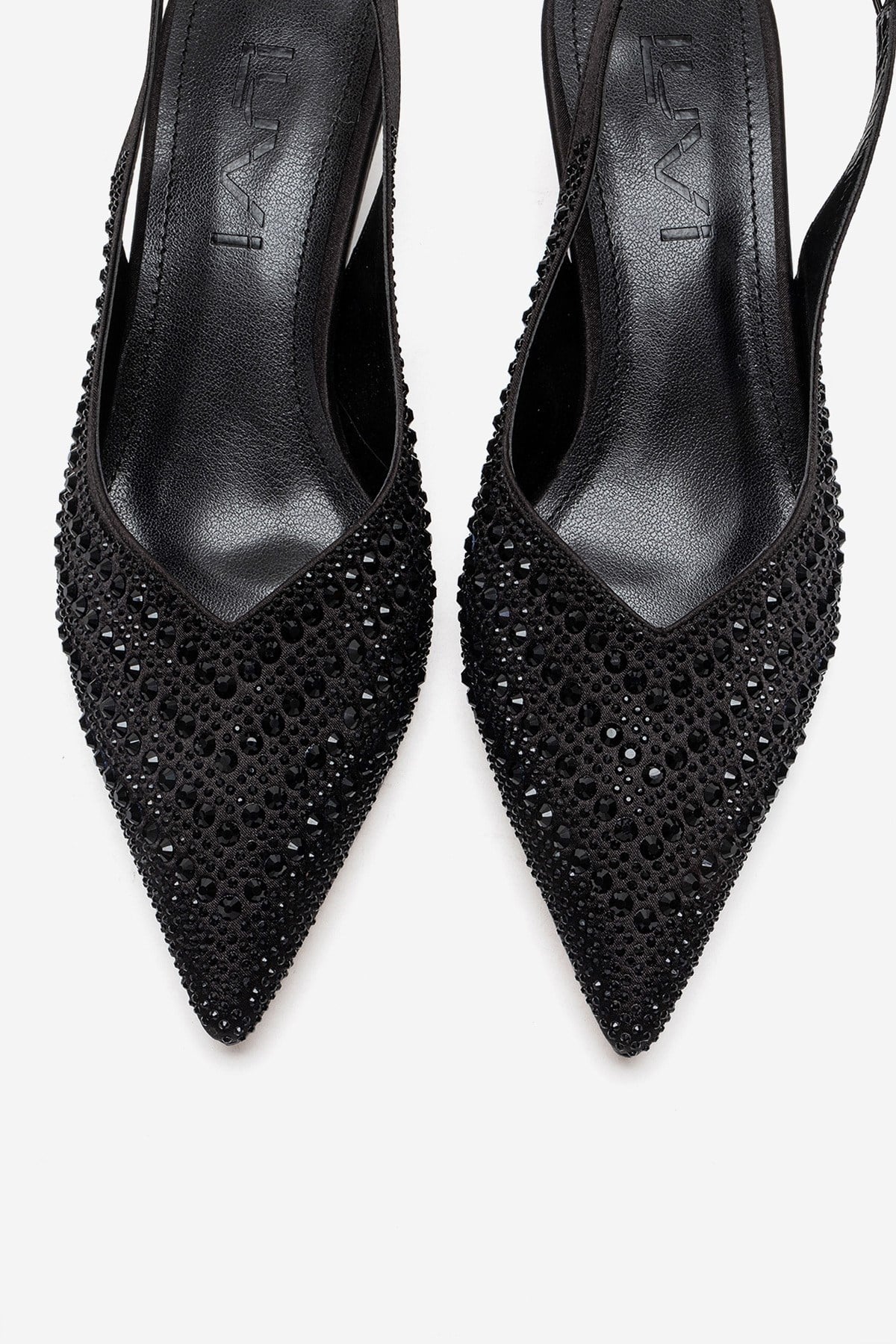 ROYALE - Black Satin Stone-Embellished Kitten Heel Evening Shoe – side view showing satin, leather, black, SimmiUnique