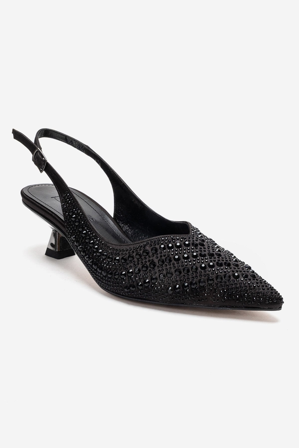 ROYALE - Black Satin Stone-Embellished Kitten Heel Evening Shoe – detail view showing satin, leather, black, SimmiUnique