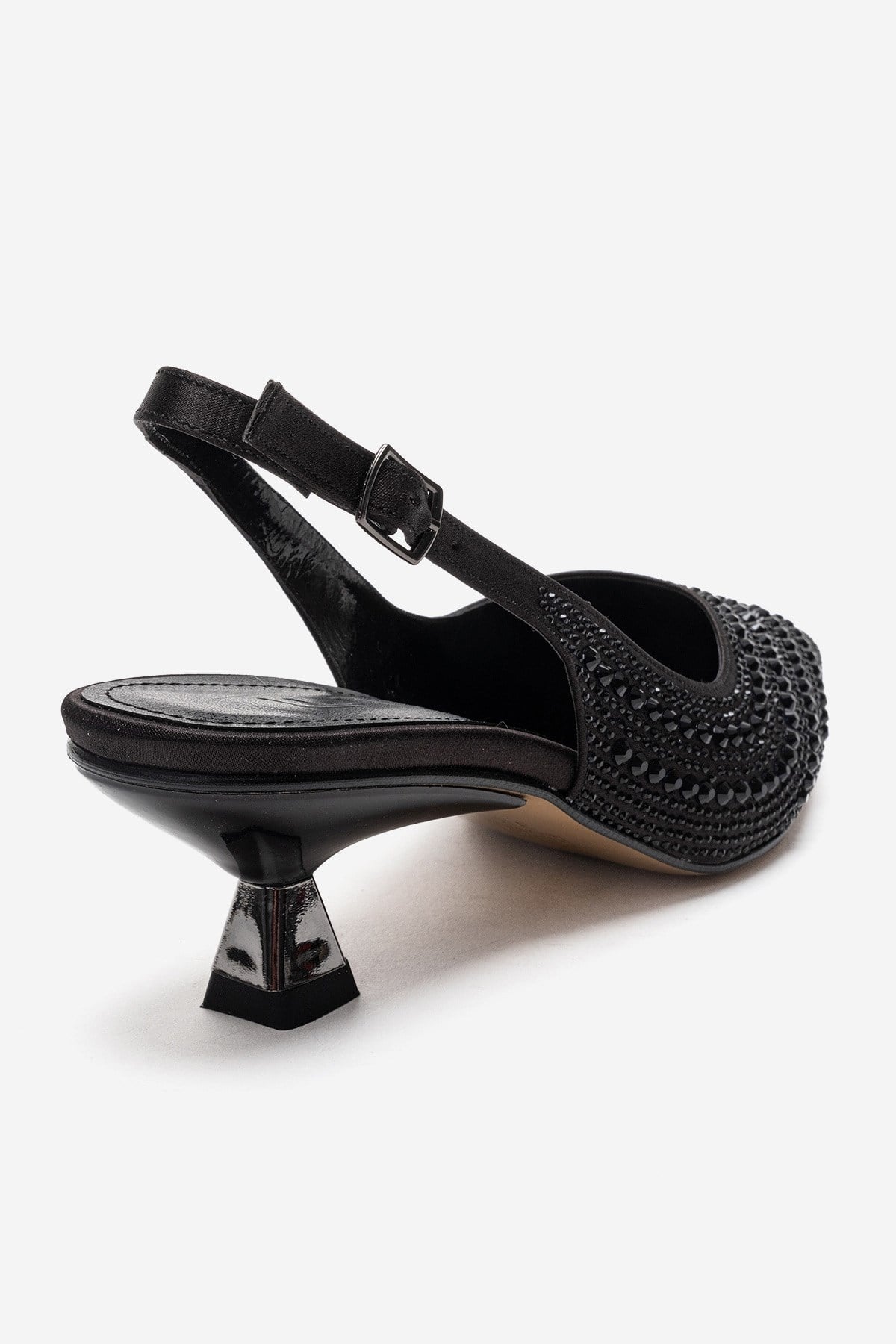 ROYALE - Black Satin Stone-Embellished Kitten Heel Evening Shoe – back view showing satin, leather, black, SimmiUnique