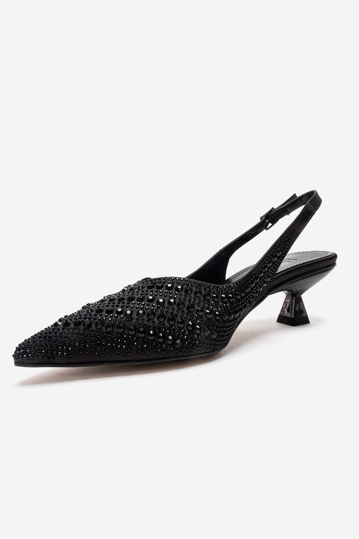 ROYALE - Black Satin Stone-Embellished Kitten Heel Evening Shoe – top view showing satin, leather, black, SimmiUnique