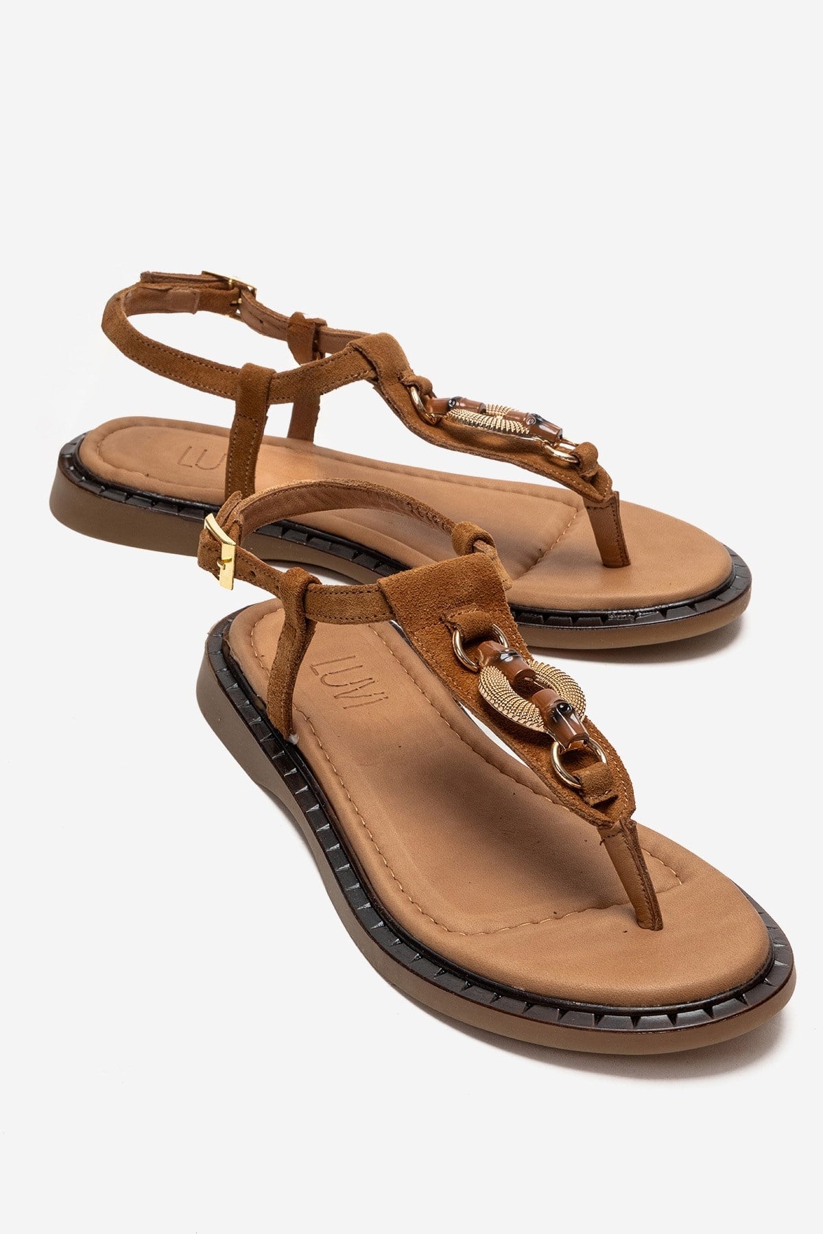 TIANA - Cognac Genuine Leather Buckled Toe-Post Sandal – front three-quarter view showing leather, SimmiUnique